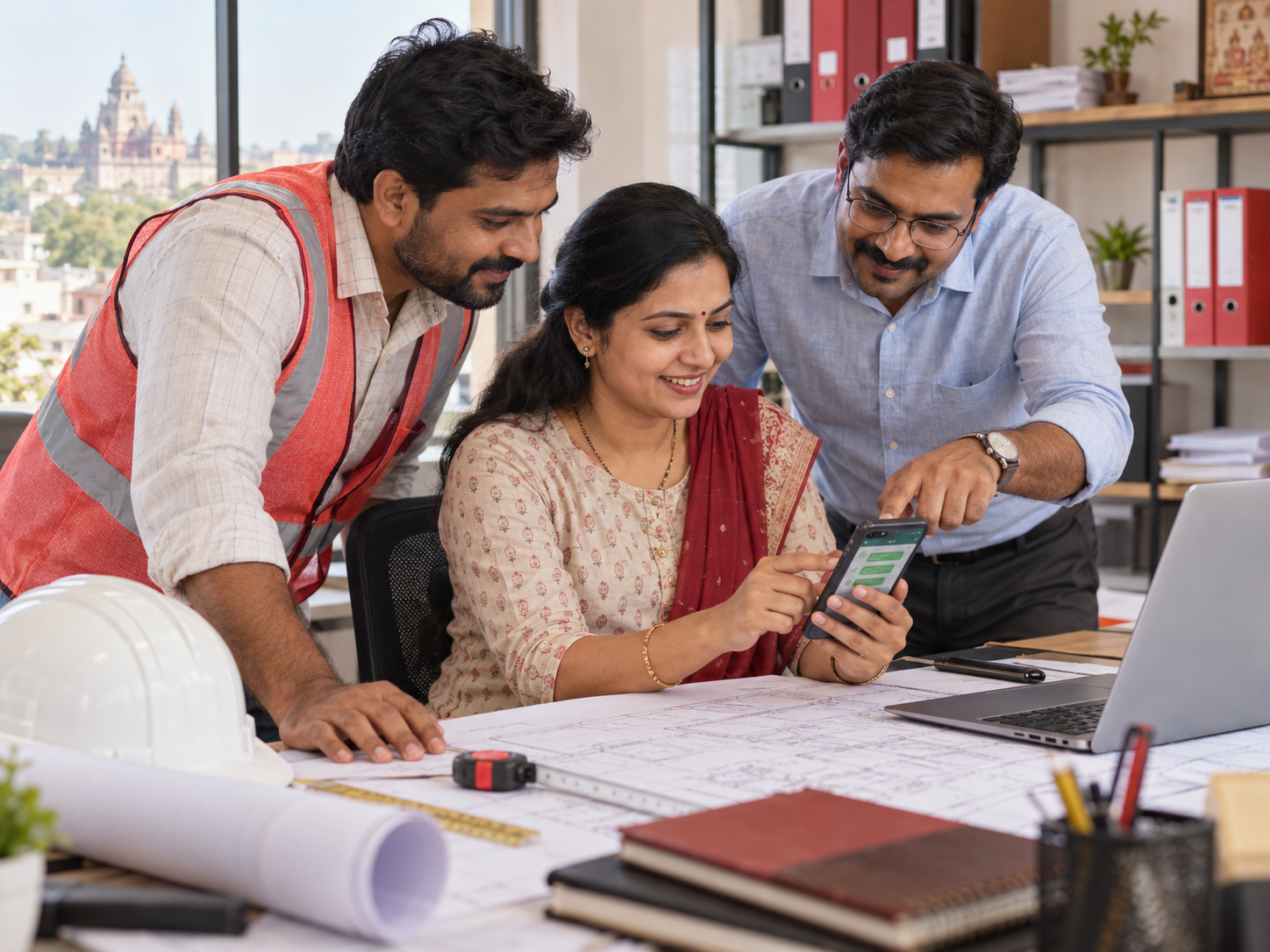 Indian contractors reviewing daily tender alerts together on a smartphone